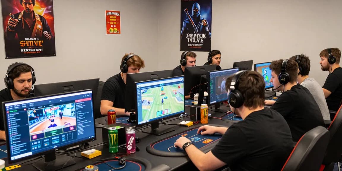 Exciting online gaming atmosphere showcasing players strategizing on https://gamebaidoithuong.is/ with energetic lighting and multiple screens.