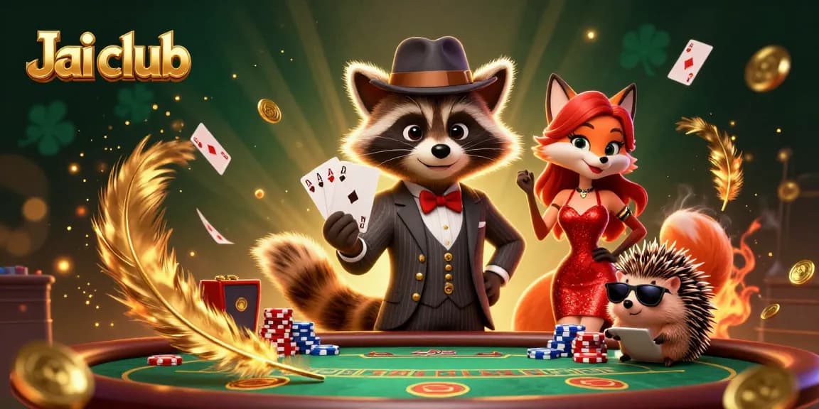 Engage with Jai club's exciting poker games featuring a suave raccoon, glamorous fox, and hedgehog bouncer in 3D illustration.