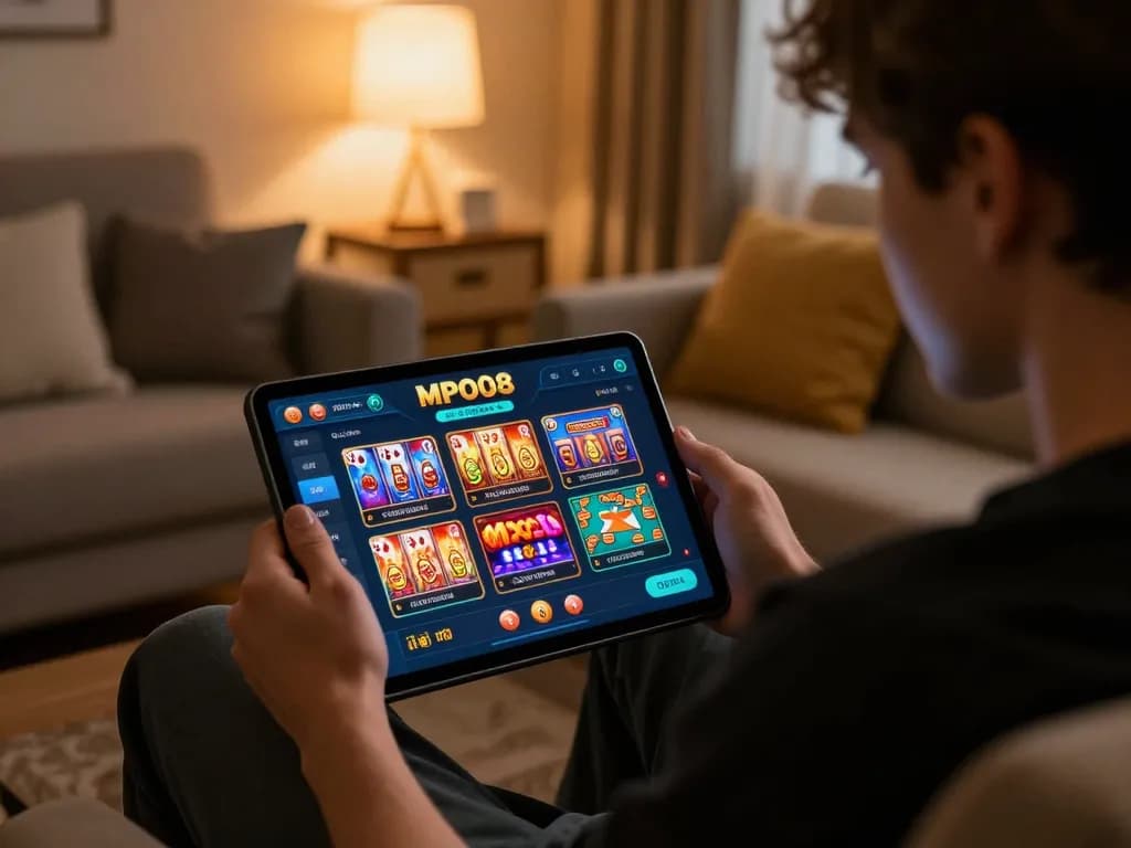 MPO08 user navigating vibrant online casino games on a tablet in a cozy living room