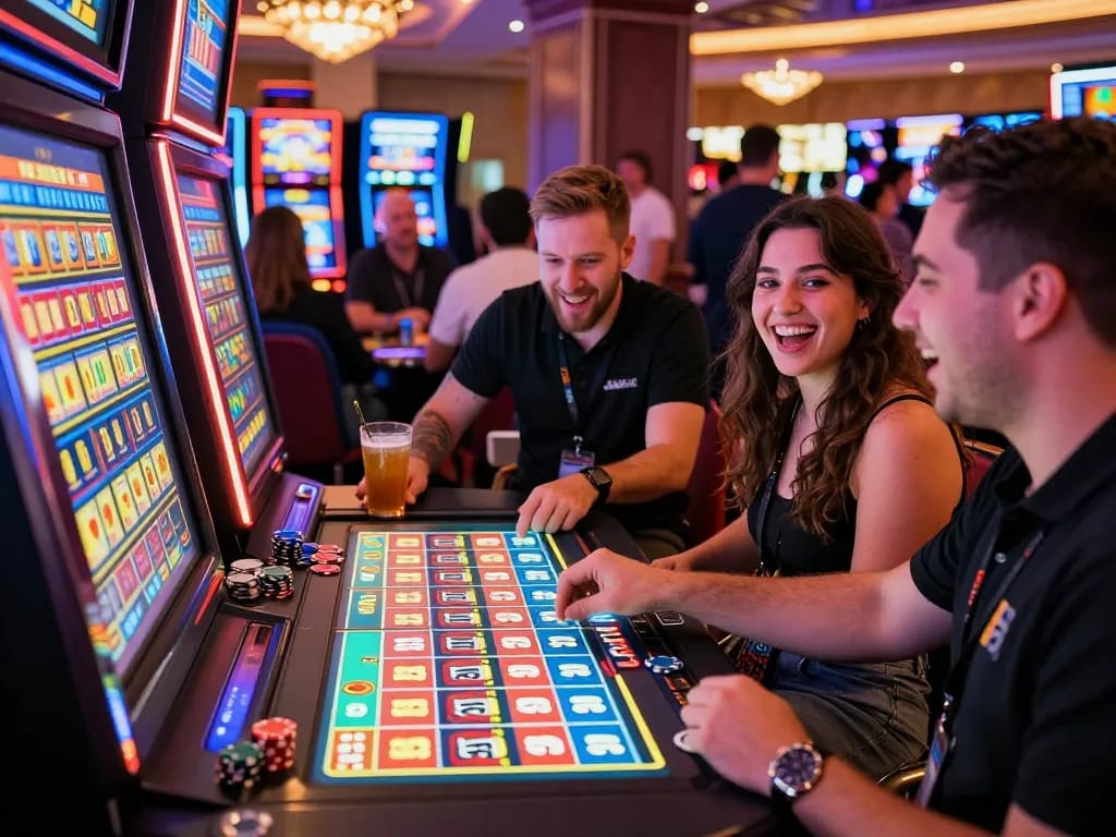 Group of friends enjoying a thrilling tot88 lottery game at a vibrant casino