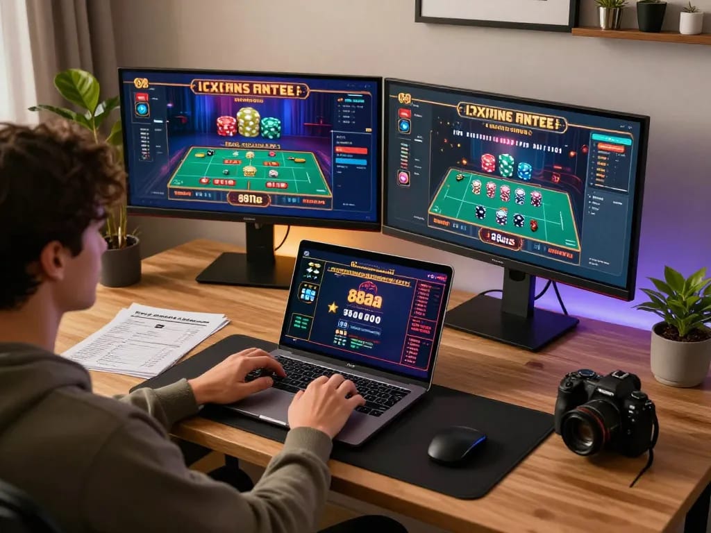Player engaging with 88aa casino games on laptop in a cozy home office setup, highlighting responsible gaming.
