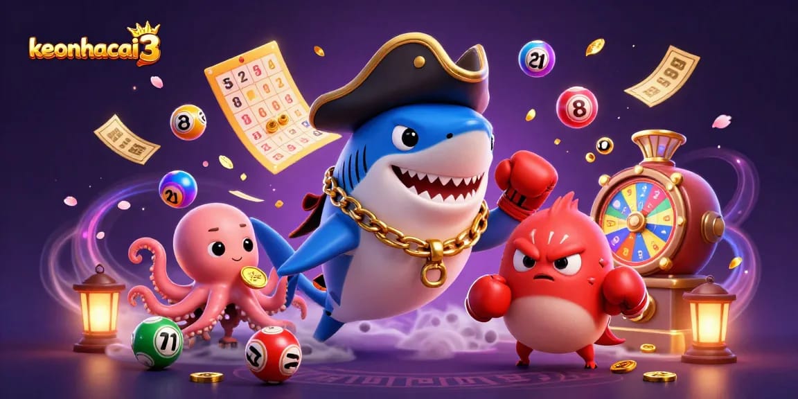 Engage with keonhacai3's vibrant lottery scene featuring a pirate shark, pufferfish, and octopus.