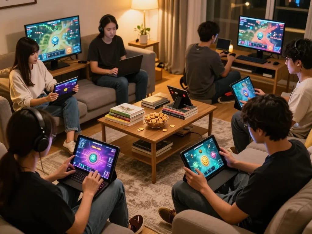 KADAL778 players immersed in interactive gameplay at home, vibrant game graphics on tablets and laptops