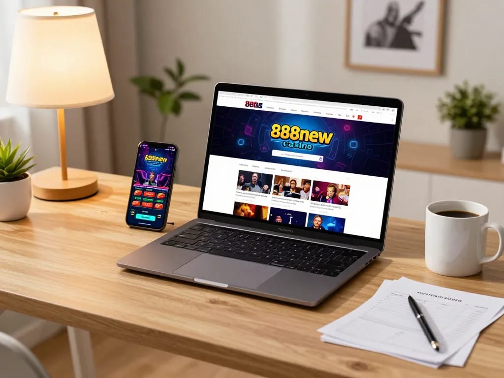 Experience exciting gameplay at 888newcasino with a stylish laptop setup showcasing online games.