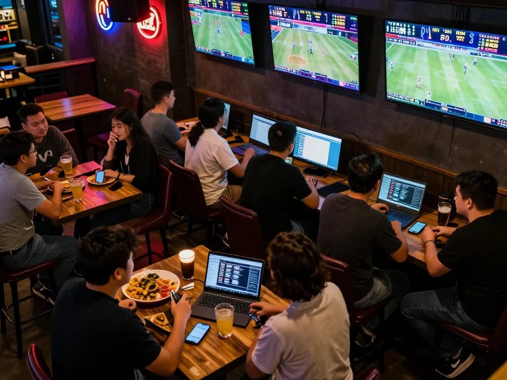 Fans engaging in dynamic sports betting on the 7m platform at a modern sports bar.