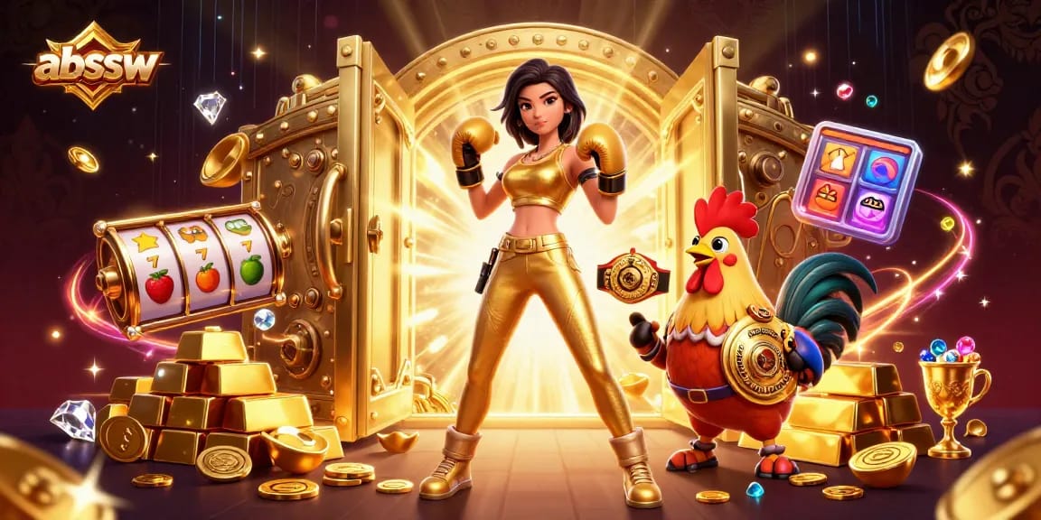 Experience big wins at abssw with exciting slots, gold, and casino treasures in this captivating illustration.