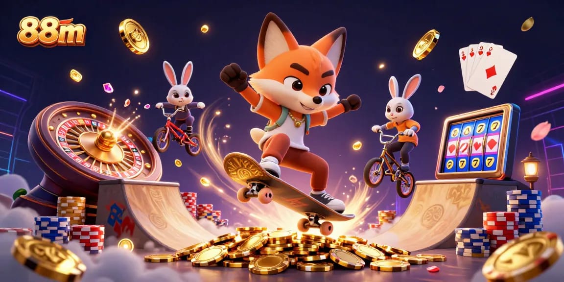 88m brings exciting action with a skateboarder fox and a BMX rabbit in a dynamic casino scene.