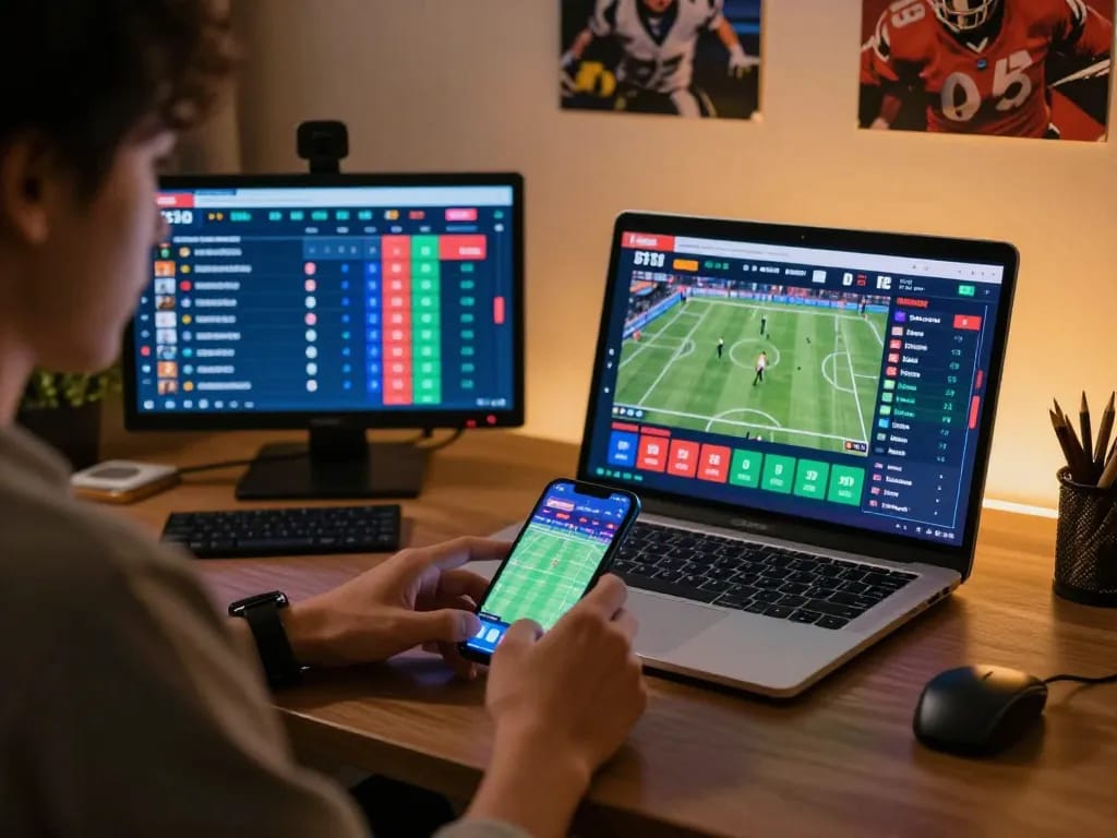 Placing bets on 98win through live sports betting platform while surrounded by sports memorabilia.