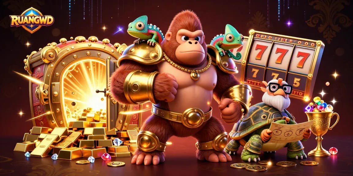 Experience exciting gaming adventures with RUANGWD amidst treasures and slot machines.