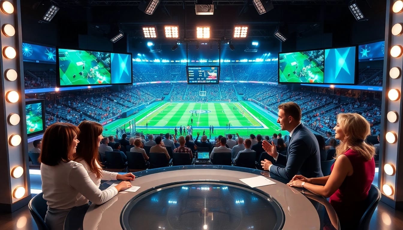 Dynamic sports broadcasting studio featuring diverse hosts engaging viewers with lively discussions.