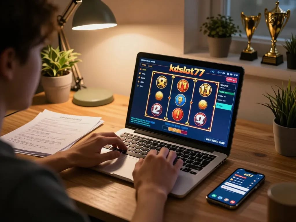 Engaging online gameplay session on kdslot77 with notes and apps in a cozy home office.