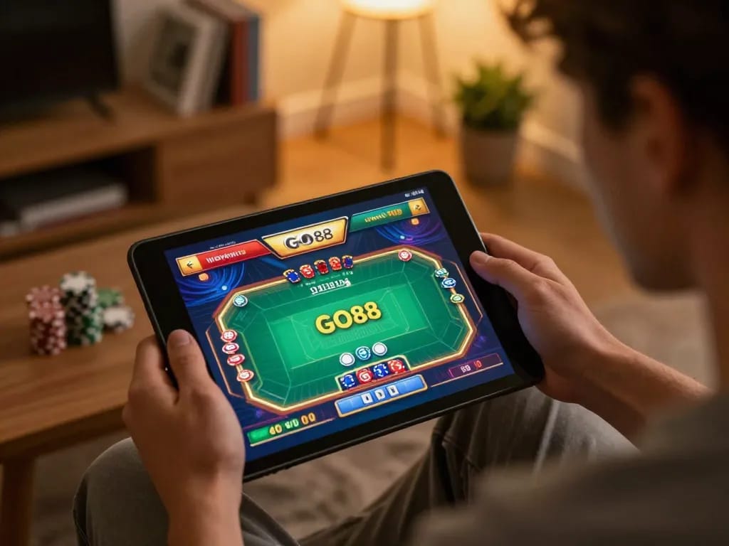 Engaging scene of an individual playing poker on GO88 within a cozy home setting, showcasing strategic gaming.