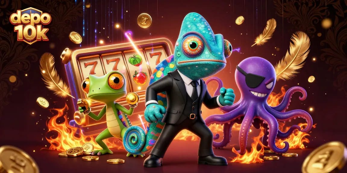 Play exciting slots with depo 10k in this vibrant 3D casino illustration featuring dynamic characters and elements.