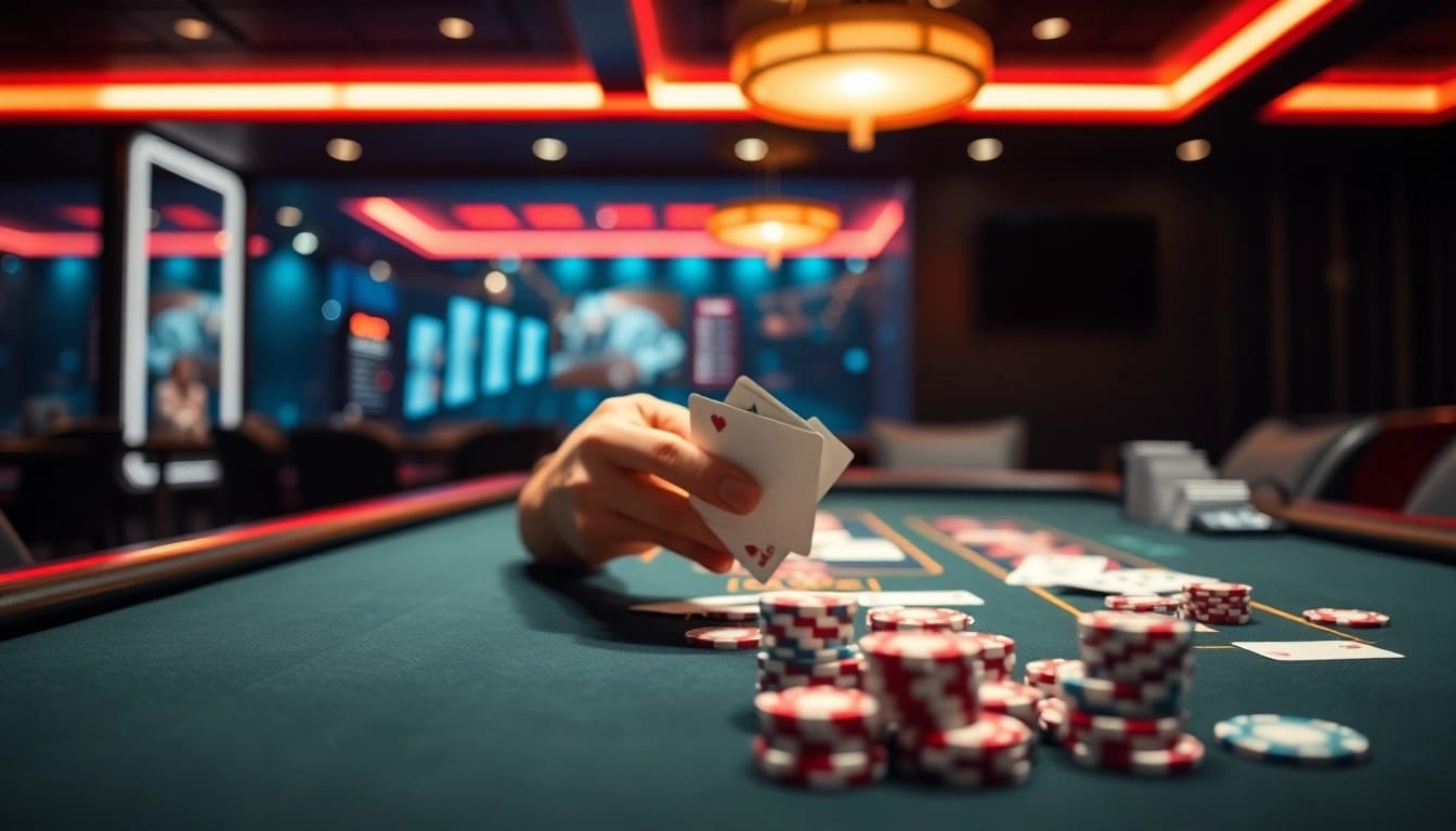 Casino spielen online in action at a modern poker table with vibrant LED lighting.