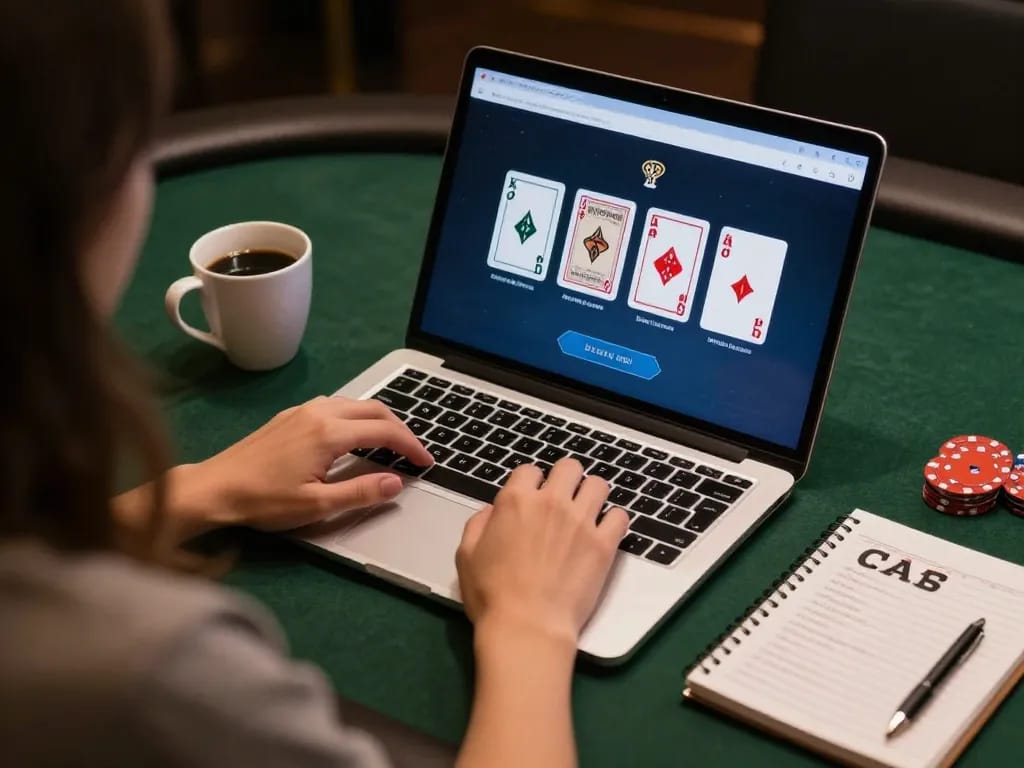 Engaging moment of online poker with uk88 com displayed on laptop during a casual gaming session