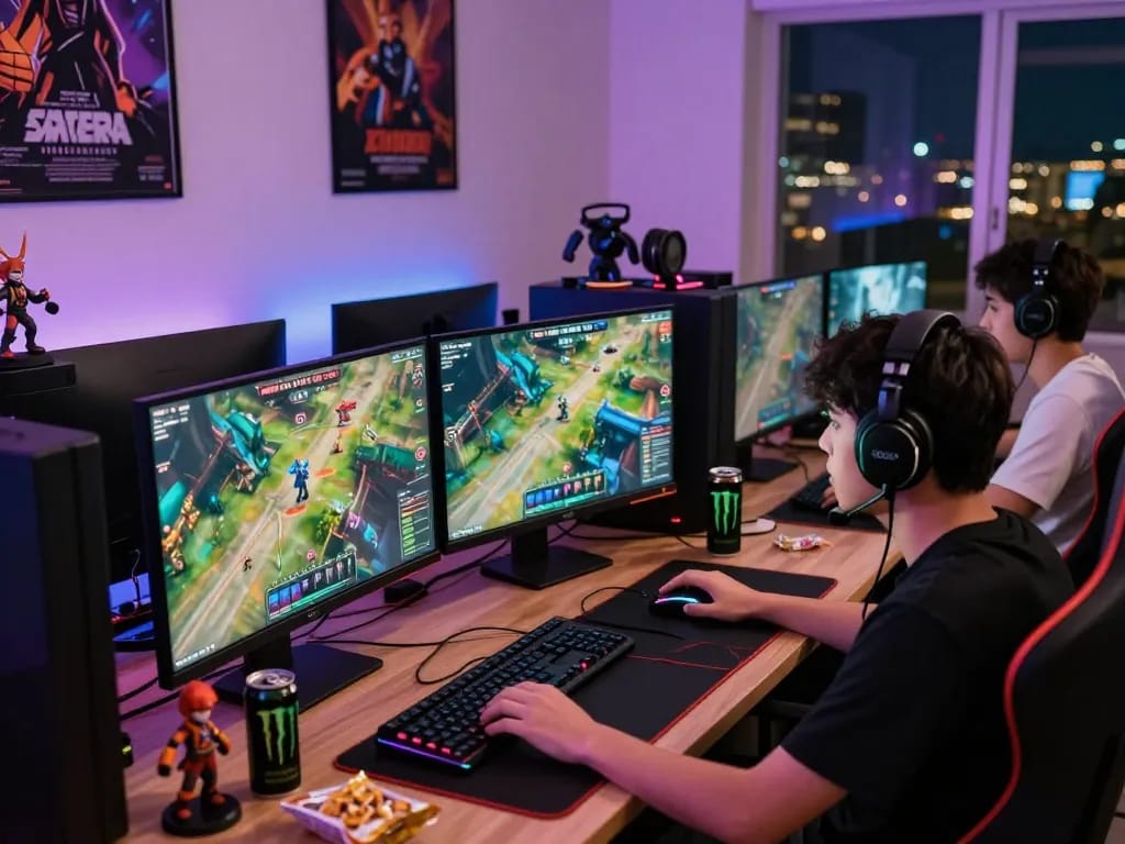 Enthusiastic gamer at desktop with vibrant graphics on screens and gaming collectibles, showcasing passion for online play at https://www.aapkadictionary.com/zeal/