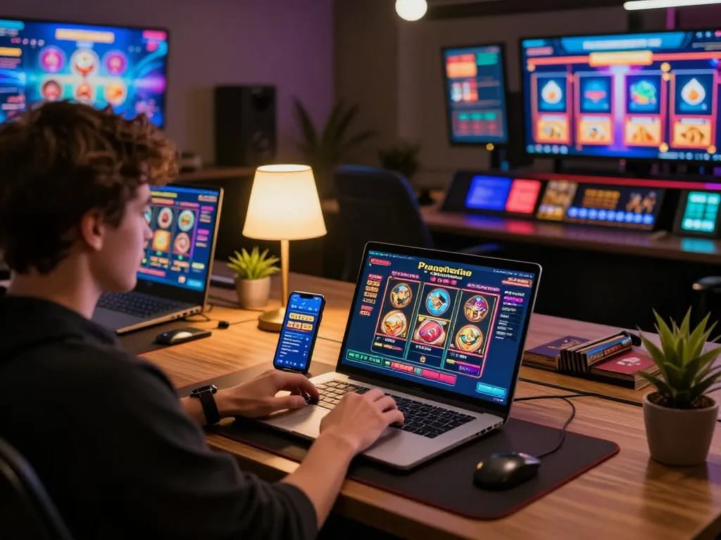 Engaging in Pragmatic Slot gameplay on a sleek laptop at a modern home gaming setup
