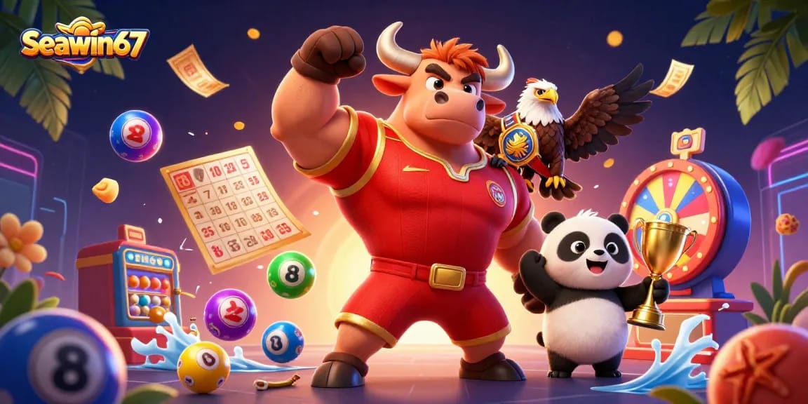 Seawin67 meraih kemenangan dengan maskot kasino ceria, dikelilingi bola lotere berwarna dan efek uang meriah.