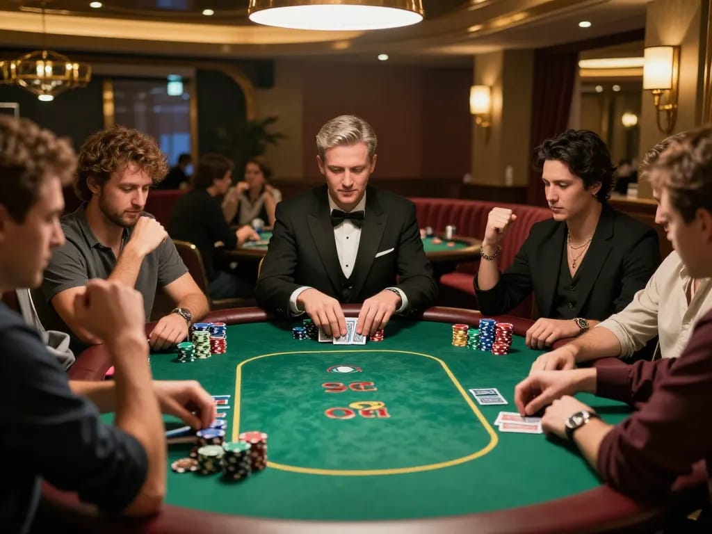 Players strategizing at a poker table featuring 33winf, engaging in an intense game of Texas Hold'em.