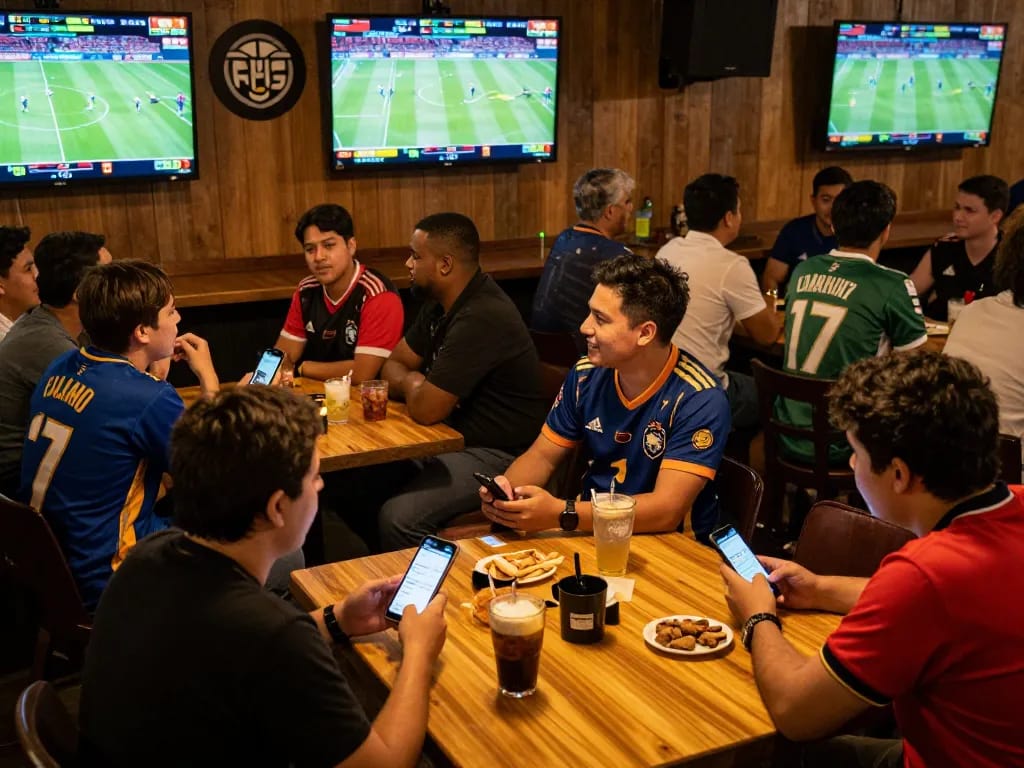 Engaging scene of sports fans excitedly placing bets using kèo nhà cái apps, vibrant sports bar setting.