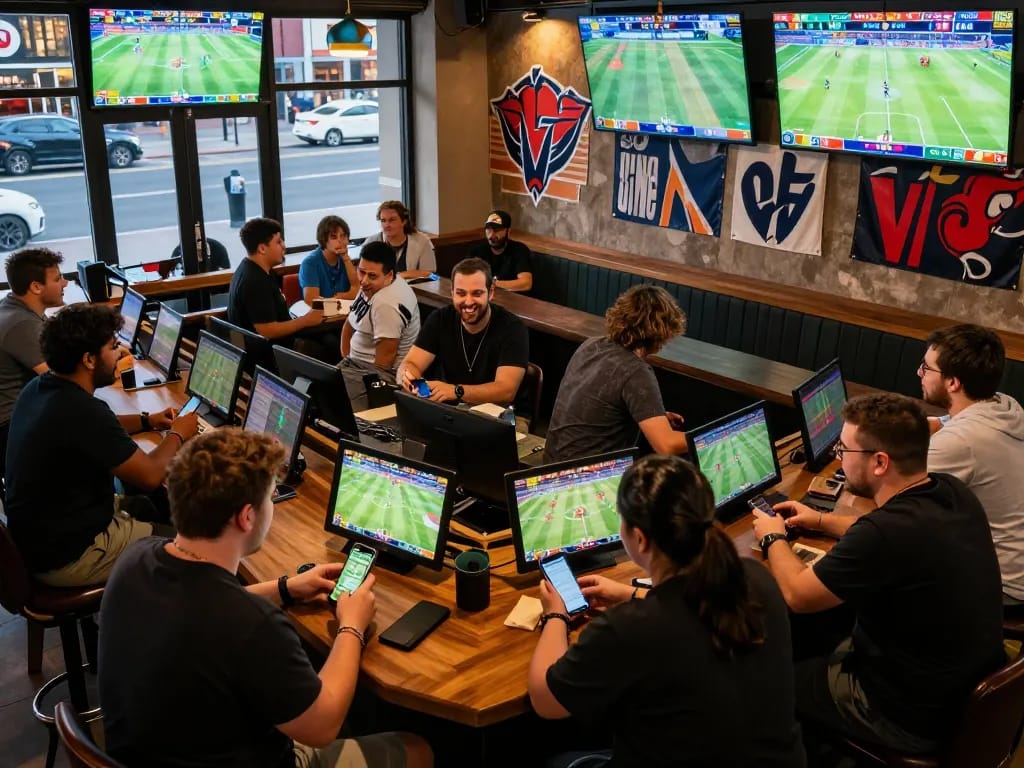 Fans at king33 placing sports bets in a vibrant sports bar atmosphere