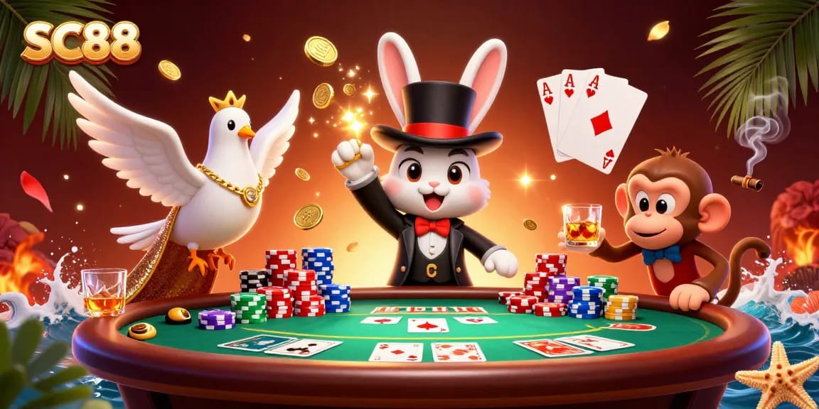 Engage in exciting gaming with SC88’s vibrant casino scene featuring a magician and playful characters.