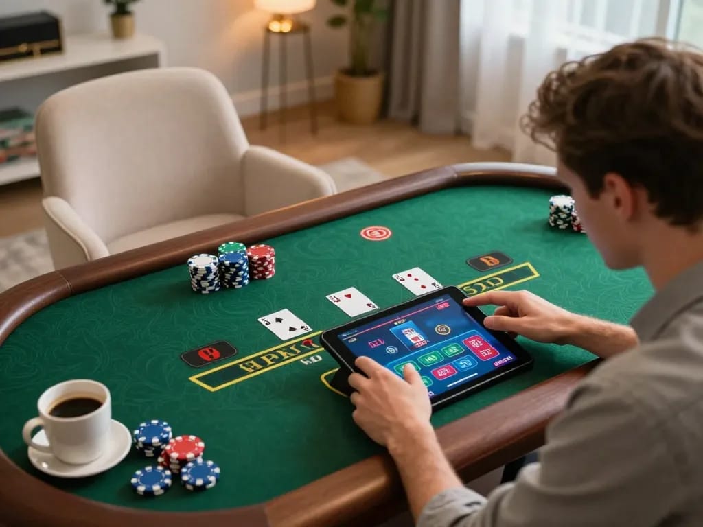 Player engaging in a live dealer blackjack game on a tablet, showcasing Sunwin features.