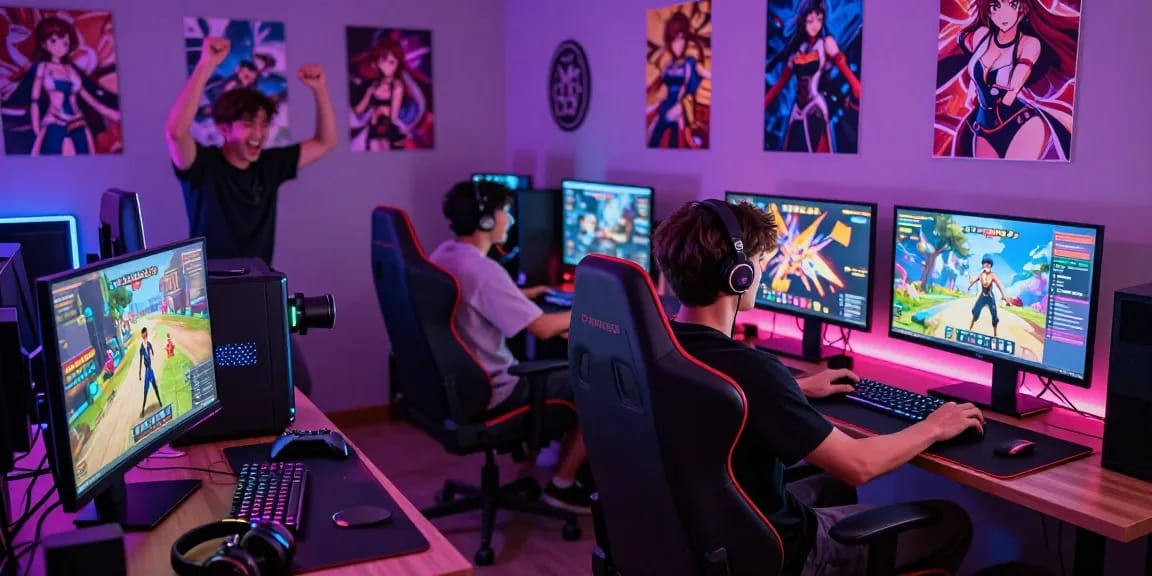 Engaged gamer playing hentai games in a vibrant gaming setup.