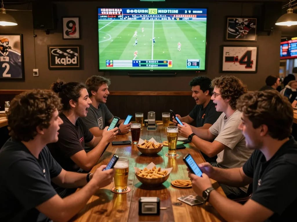 Excited sports fans place bets on kqbd during a live football match at a sports bar.