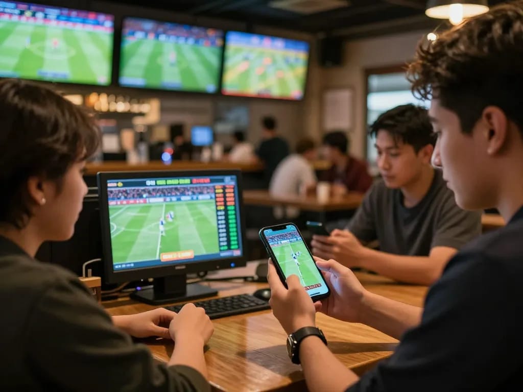 Engaging in sports betting with live keo nha cai updates on smartphone at a lively sports bar