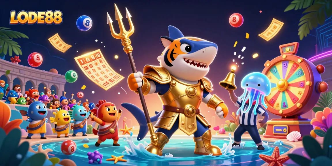 Engage with LODE88 in a vibrant underwater casino scene featuring dynamic lottery elements.