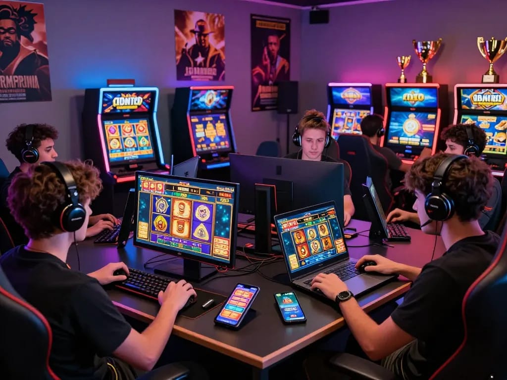 Pemain menikmati permainan slot online laoban188 di berbagai perangkat dalam lingkungan permainan yang aman dan berwarna-warni.