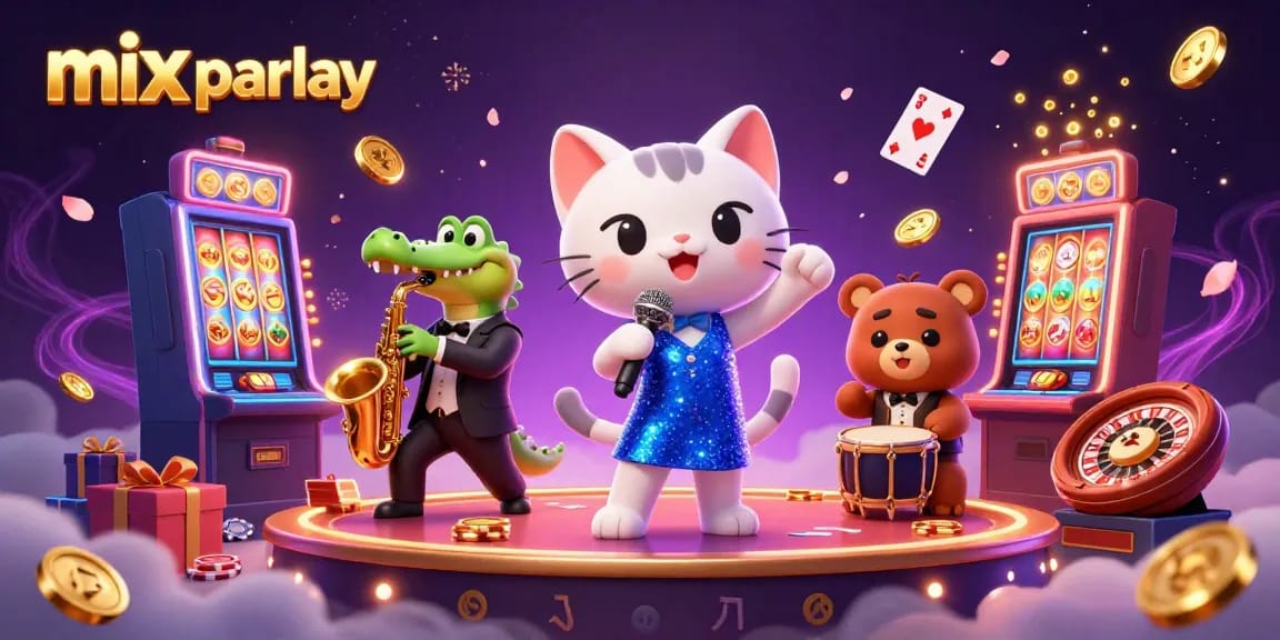 Engage in mix parlay betting with colorful slot machines and fun casino characters.