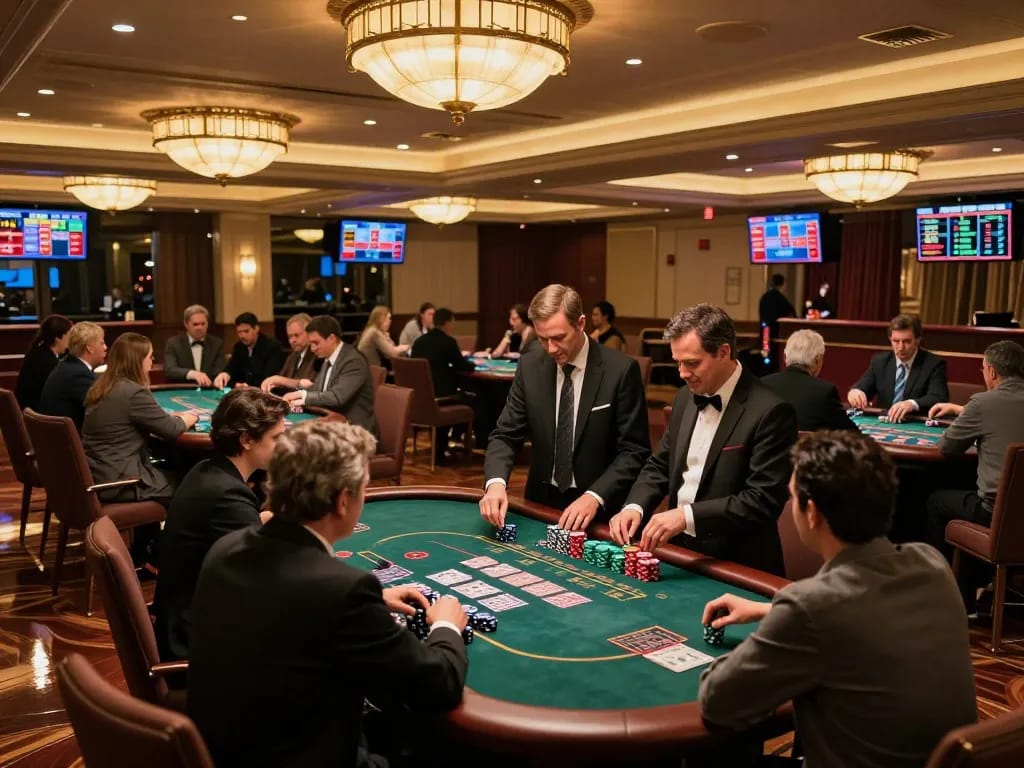 F168 players enjoying a thrilling blackjack game in an upscale casino atmosphere, dynamic and engaging gameplay.