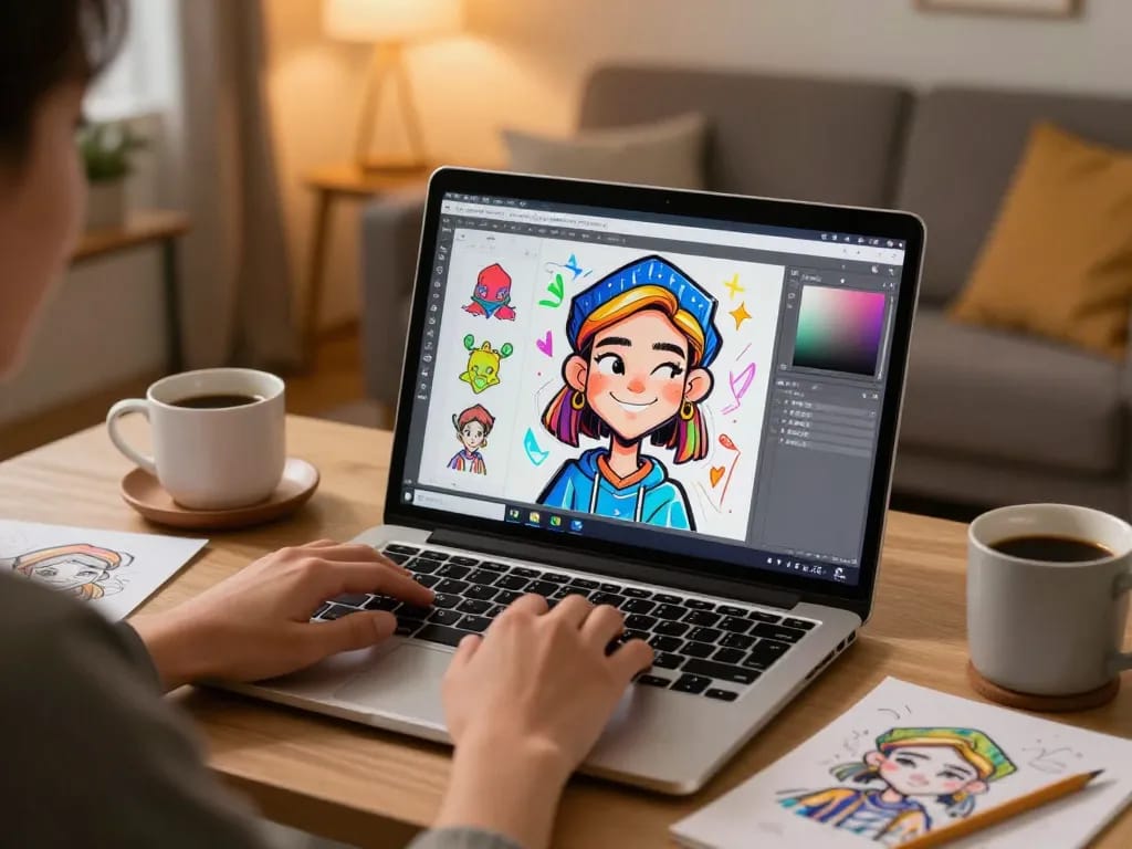 Create a caricature in a cozy living room using a laptop to bring digital art to life.