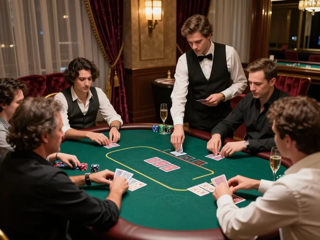 Winning moments in a high-stakes nổ hũ poker game with focused players and luxurious decor.