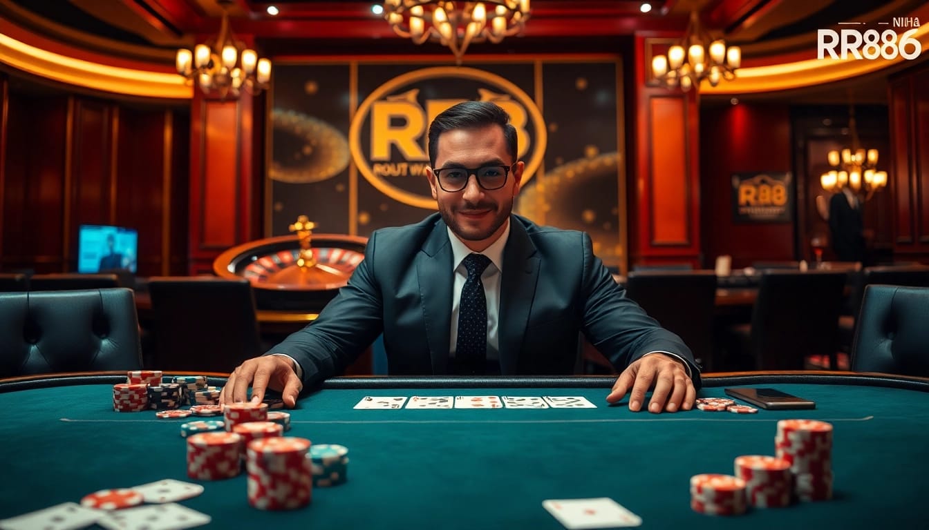 Exciting poker scene illustrating a professional gambler engaged at Nhà Cái RR88's vibrant casino table.