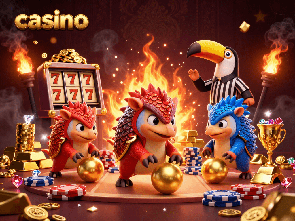 Cute pangolins compete in a casino-themed scene, bowling through poker chips and golden treasures.