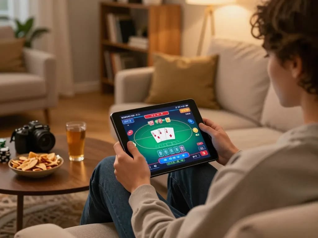 gen-e player engaging in strategic online poker game on tablet at home with cozy ambiance.