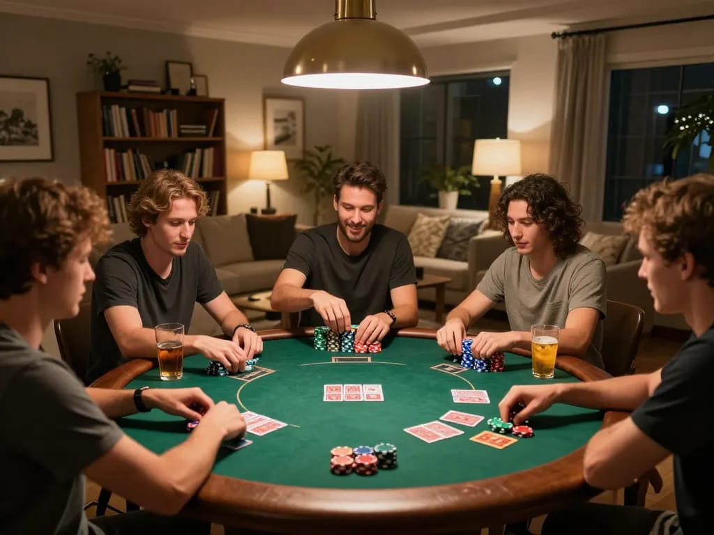 Friends enjoying a poker game at home, showcasing Hello88's gaming atmosphere and social excitement.