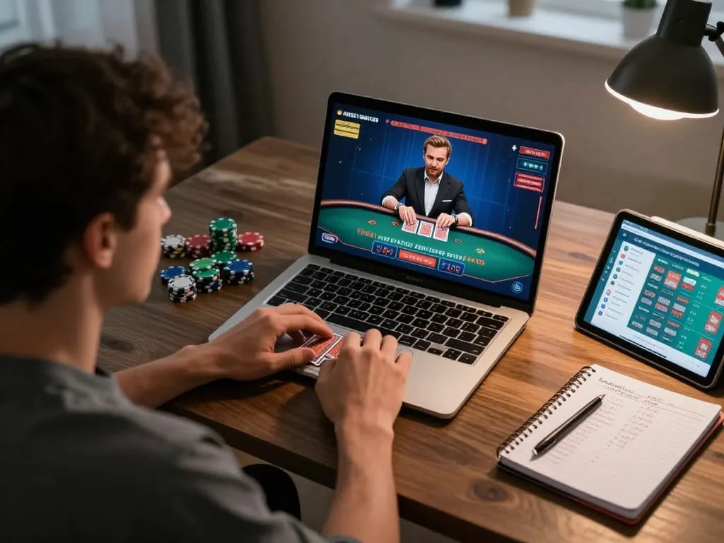 68win player focused on live dealer blackjack game, showcasing engaging online gaming atmosphere.