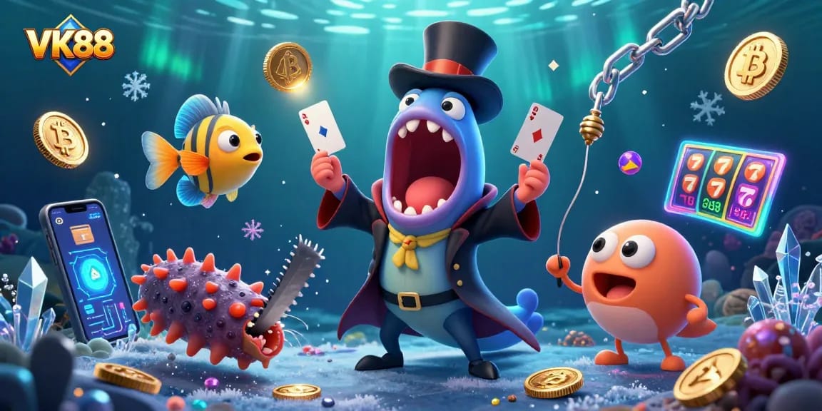 Engage in a thrilling card magic performance by VK88, featuring vibrant 3D casino elements.