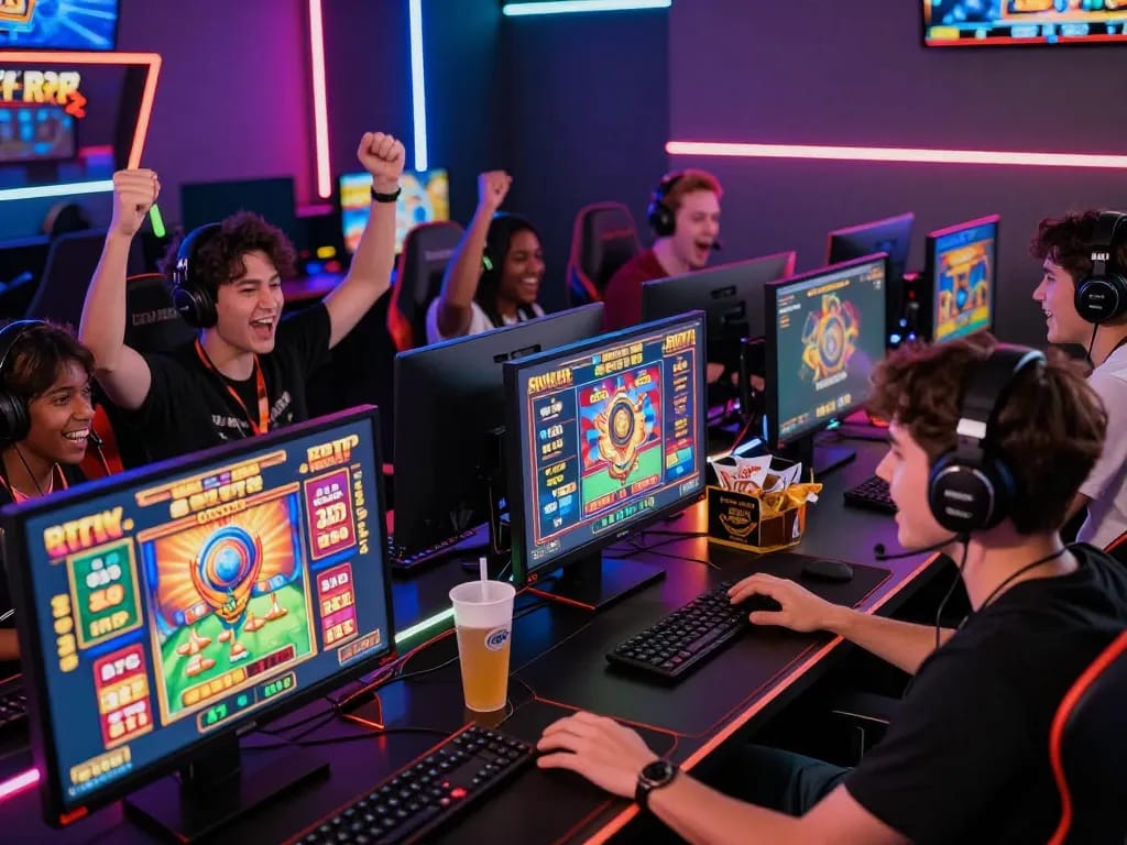 Exciting Zeus138 online gaming session with diverse players celebrating wins in a vibrant setup.