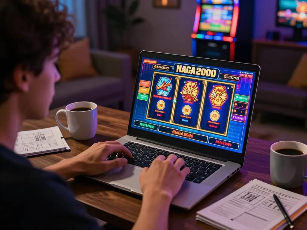 NAGA2000 online gaming session at home, player focused on slot machines interface and strategy notes.