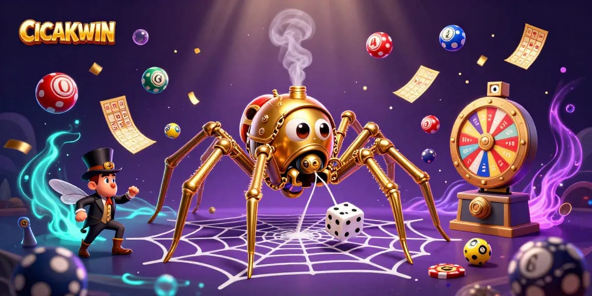 CICAKWIN captures the excitement of gambling with a steampunk spider web, dynamic lottery elements, and an amused Victorian fly
