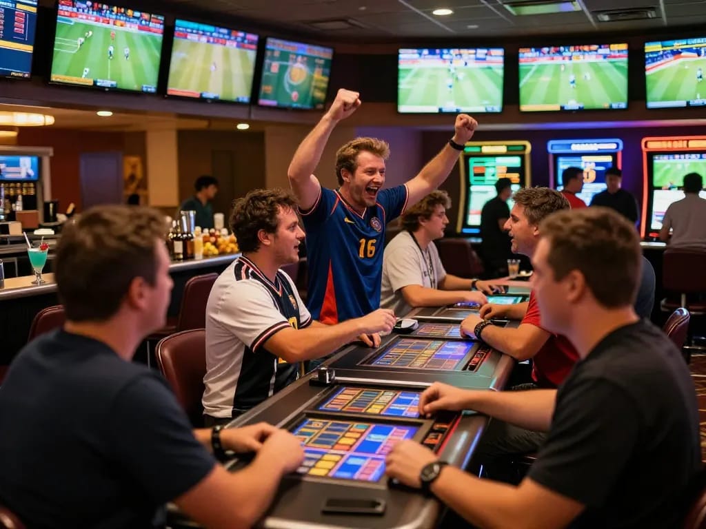 Gamblers placing bets at a lively sports betting area in a vibrant casino environment featuring tic 88 screens.