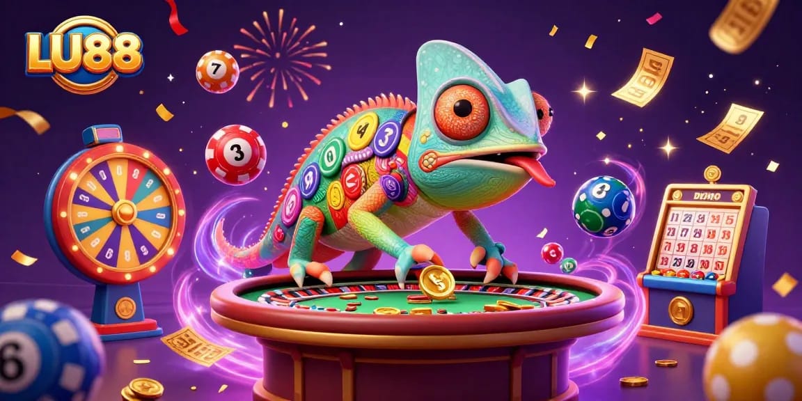 LU88 showcases a vibrant casino scene with a colorful chameleon owner surrounded by lottery elements.