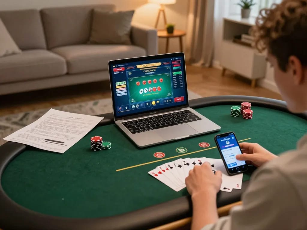 Engaging online poker gameplay with IDCASH88 app on laptop, showcasing strategic betting.