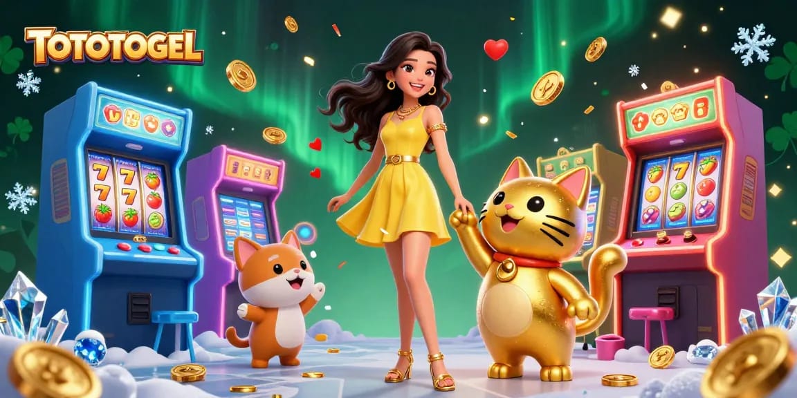 TOTOTOGEL features an exhilarating 3D scene with a lucky cat and cheerful woman in a casino setting.