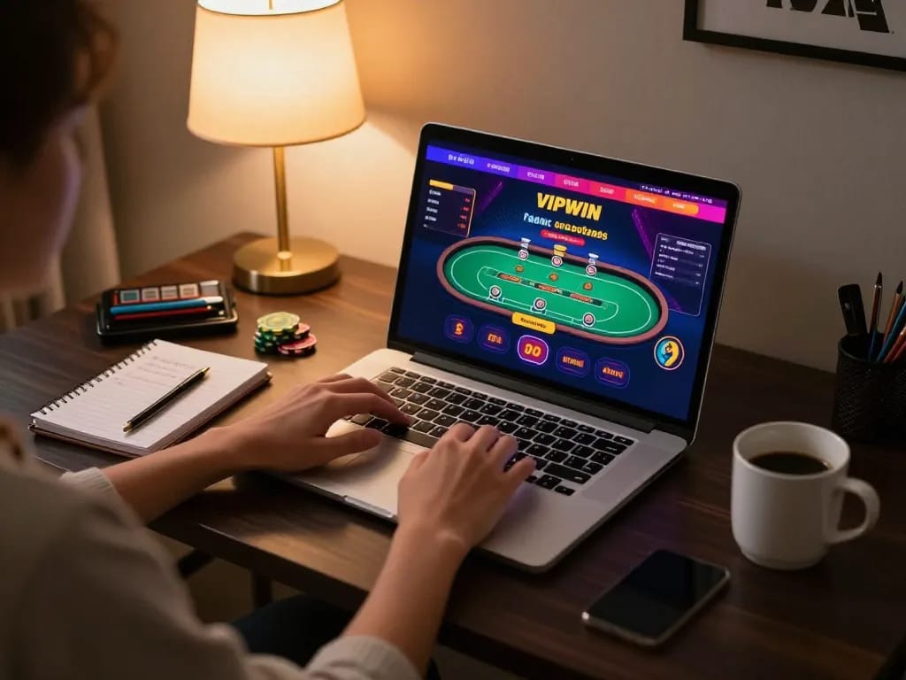 Engaging online gaming scene on VIPWIN demonstrating a poker game strategy with a warm home setting.